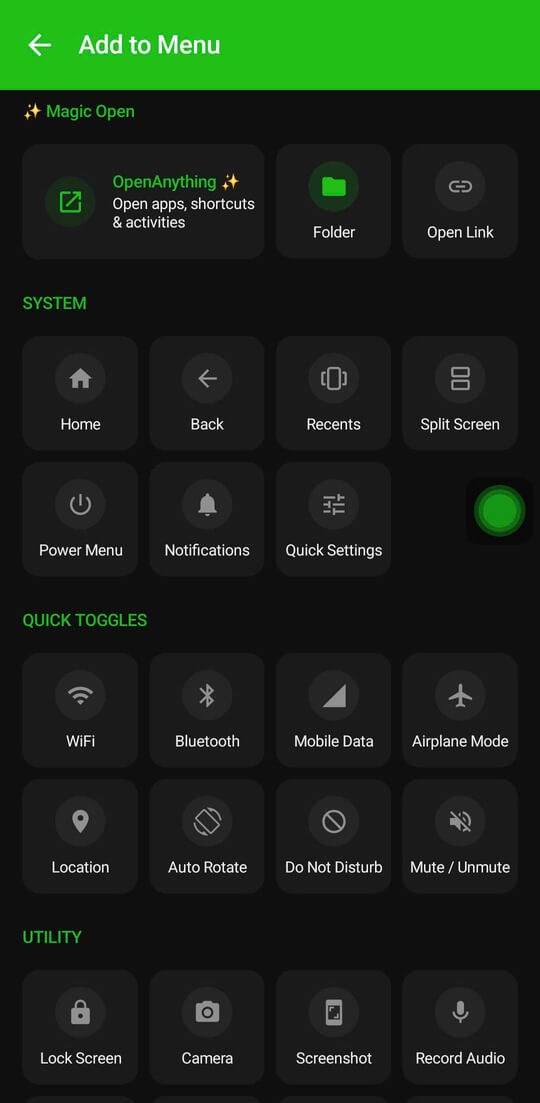 Floatify full action library including system actions, quick toggles, and utility shortcuts