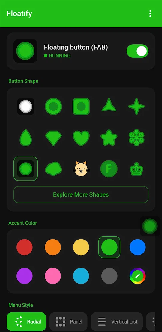 Floatify app main screen showing menu styles, shapes, and color options
