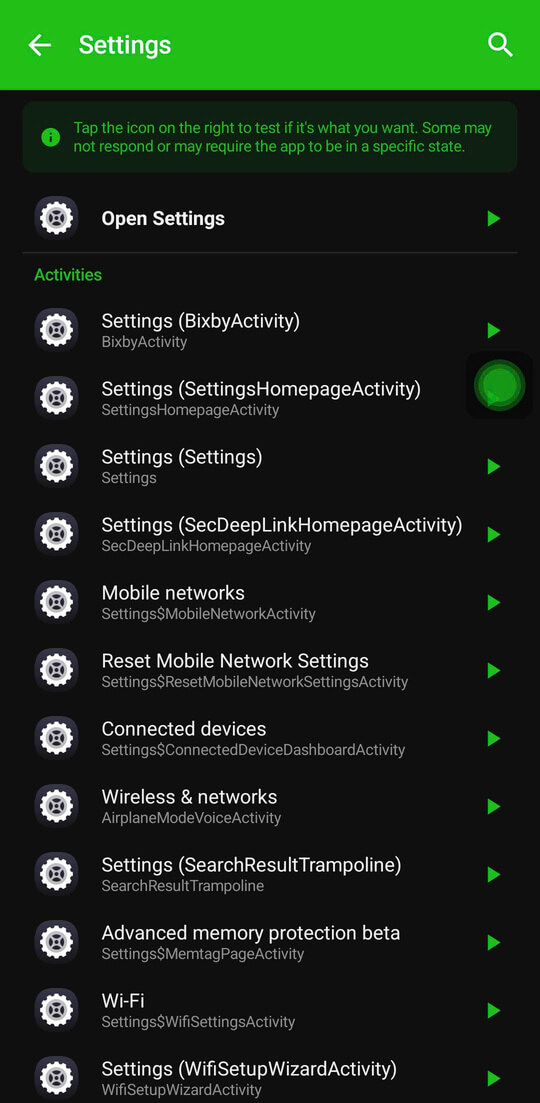 Floatify browsing the hidden Activities list inside the Android Settings app
