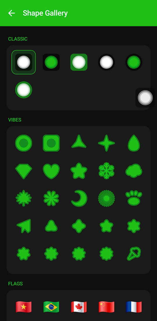 Floatify Shape Gallery showing Classic and Vibes geometric shapes