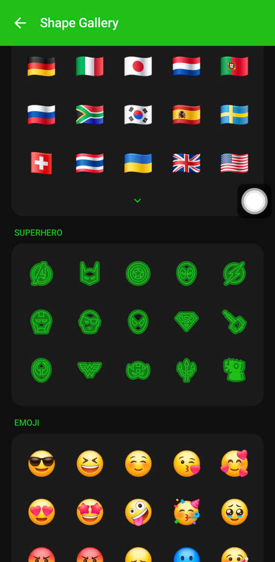 Floatify Shape Gallery showing emoji sections with face emojis
