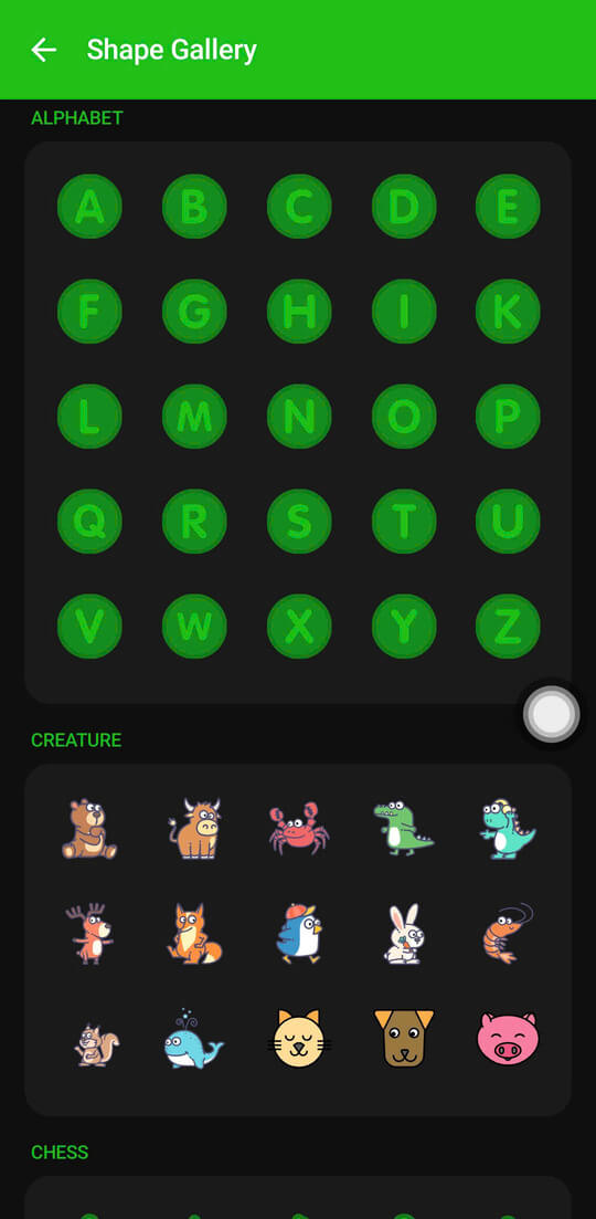 Floatify Shape Gallery showing Alphabet A-Z and Creature animal shapes